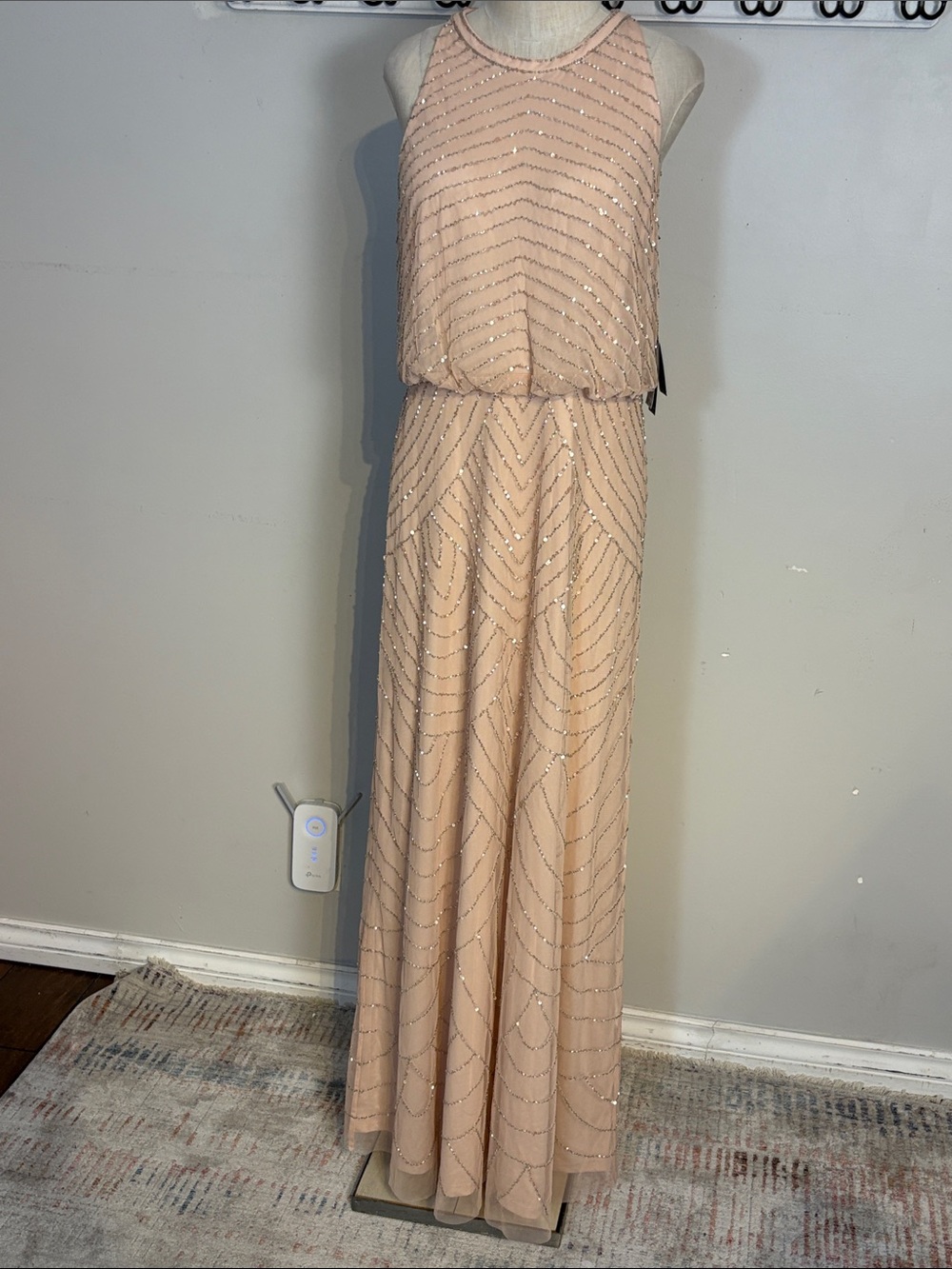Adrianna Papell Blush Beaded Halter Maxi Dress